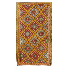 Kilim turco da 6x10,7 piedi nei colori rosso, giallo, verde e grigio. Tappeto Jijim abbagliante