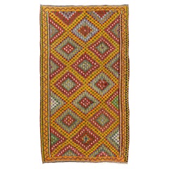 Kilim turc 6x10.7 Ft de couleur rouge, jaune, vert et gris. Tapis Jijim éblouissant