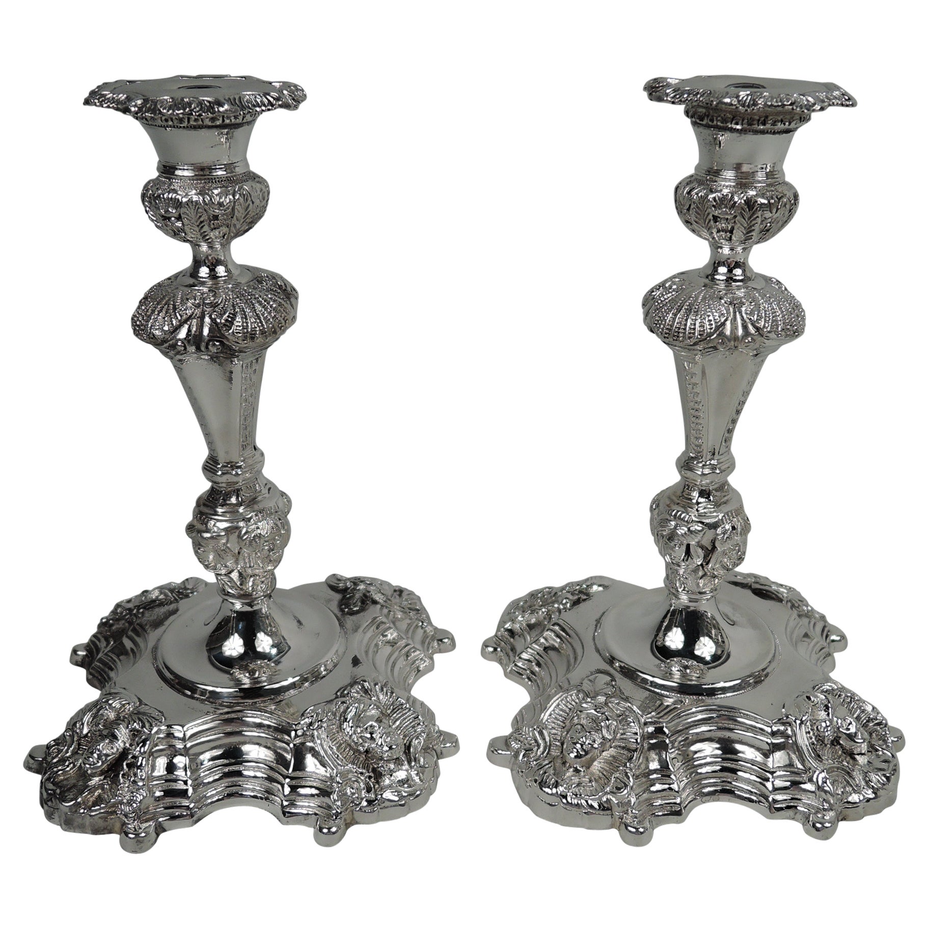 Pair of Irish Georgian Sterling Silver Shell & Mask Candlesticks, 1969 For Sale