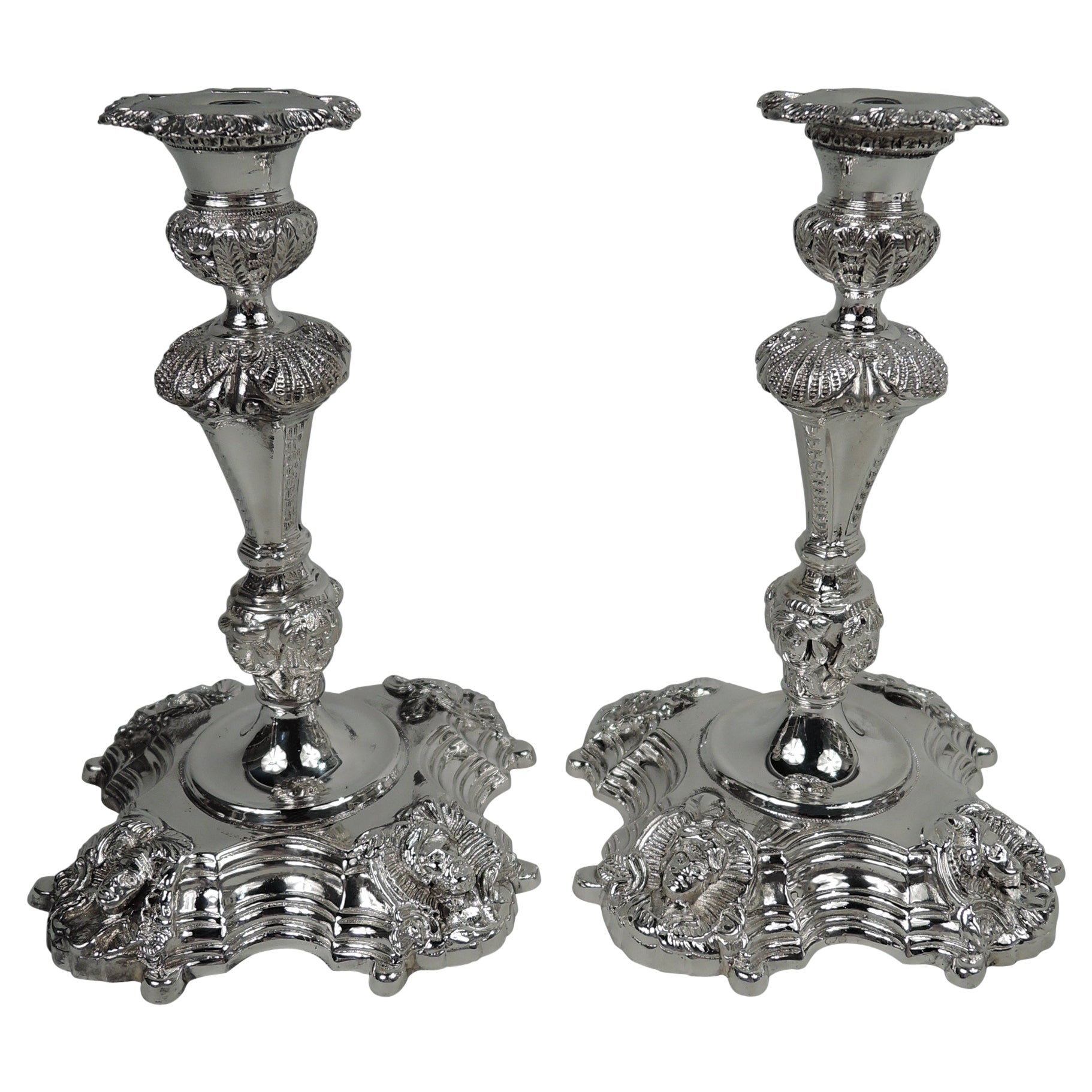 Pair of Irish Georgian Sterling Silver Shell & Mask Candlesticks, 1969