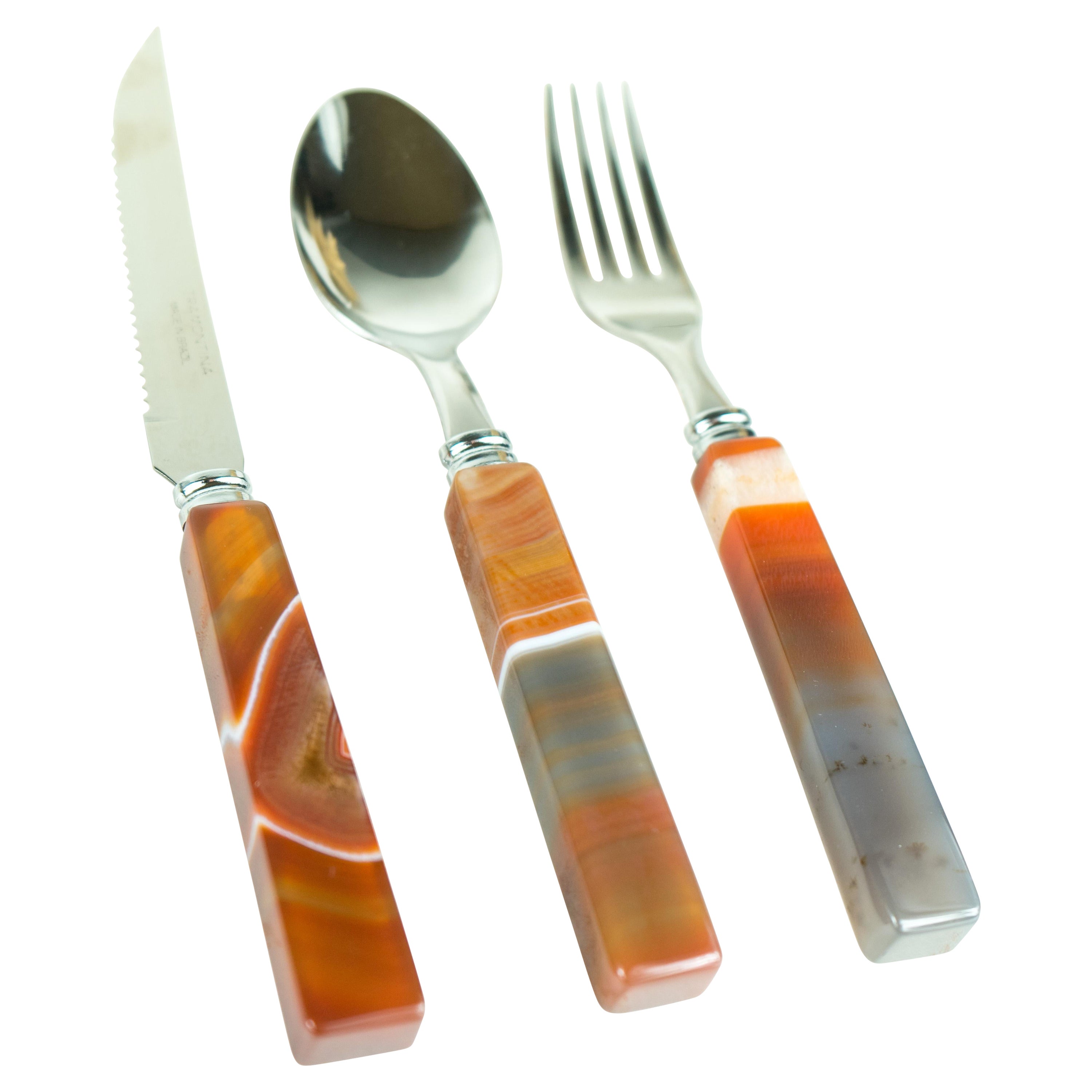 Handmade Red Lace Agate with Stainless Steel Cutlery Tableware Set, Serves 6 For Sale