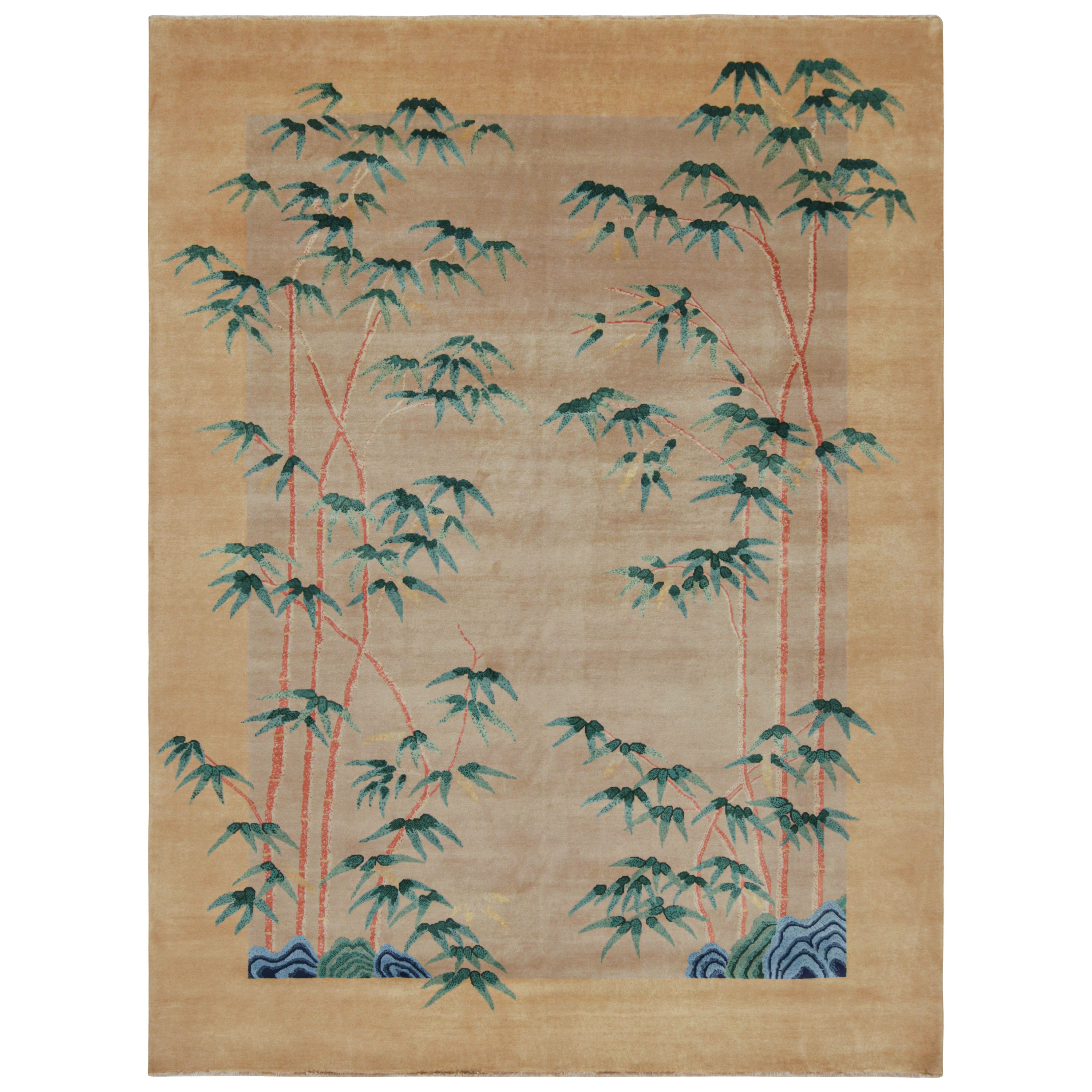 Rug & Kilim's Chinesischer Teppich im Art Deco Stil in Beige mit floralen Bambusmustern im Angebot