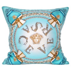 Retro Italian Versace Silk Scarf Perfume Print Irish Linen Pillow Blue Gold