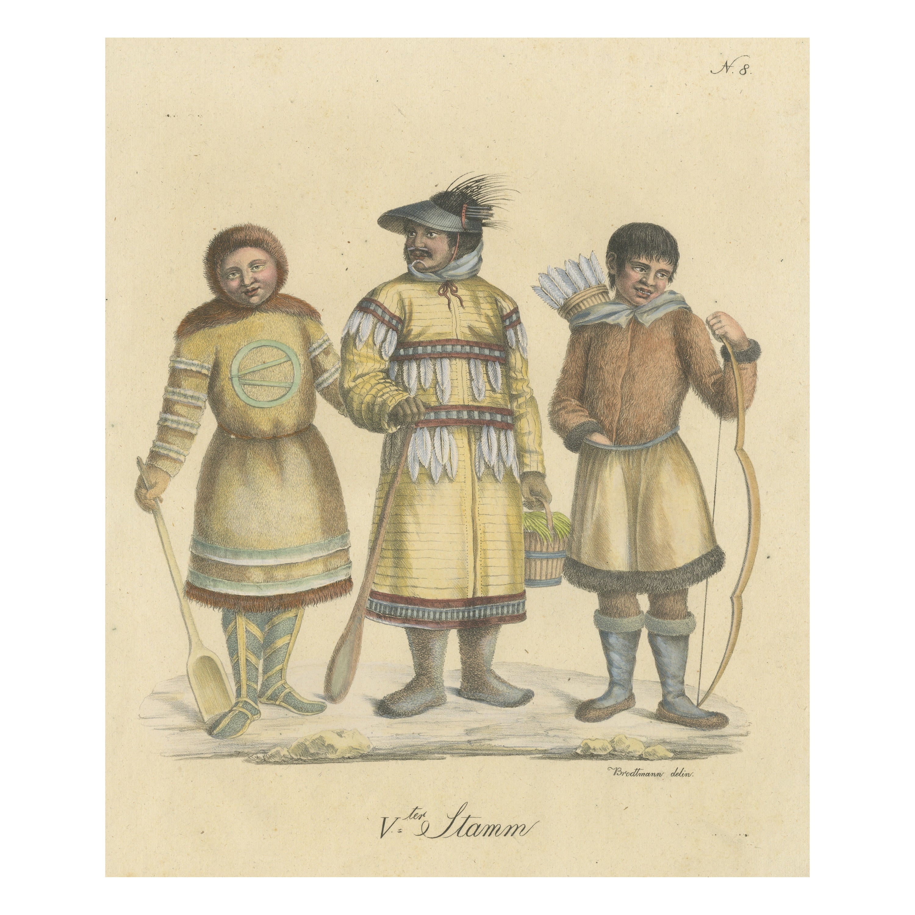 Gravure ancienne représentant un homme d'Unalaska, une femme de Nenet et un Eskimo