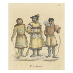 Grabado antiguo de un hombre de Unalaska, una mujer Nenet y un esquimal