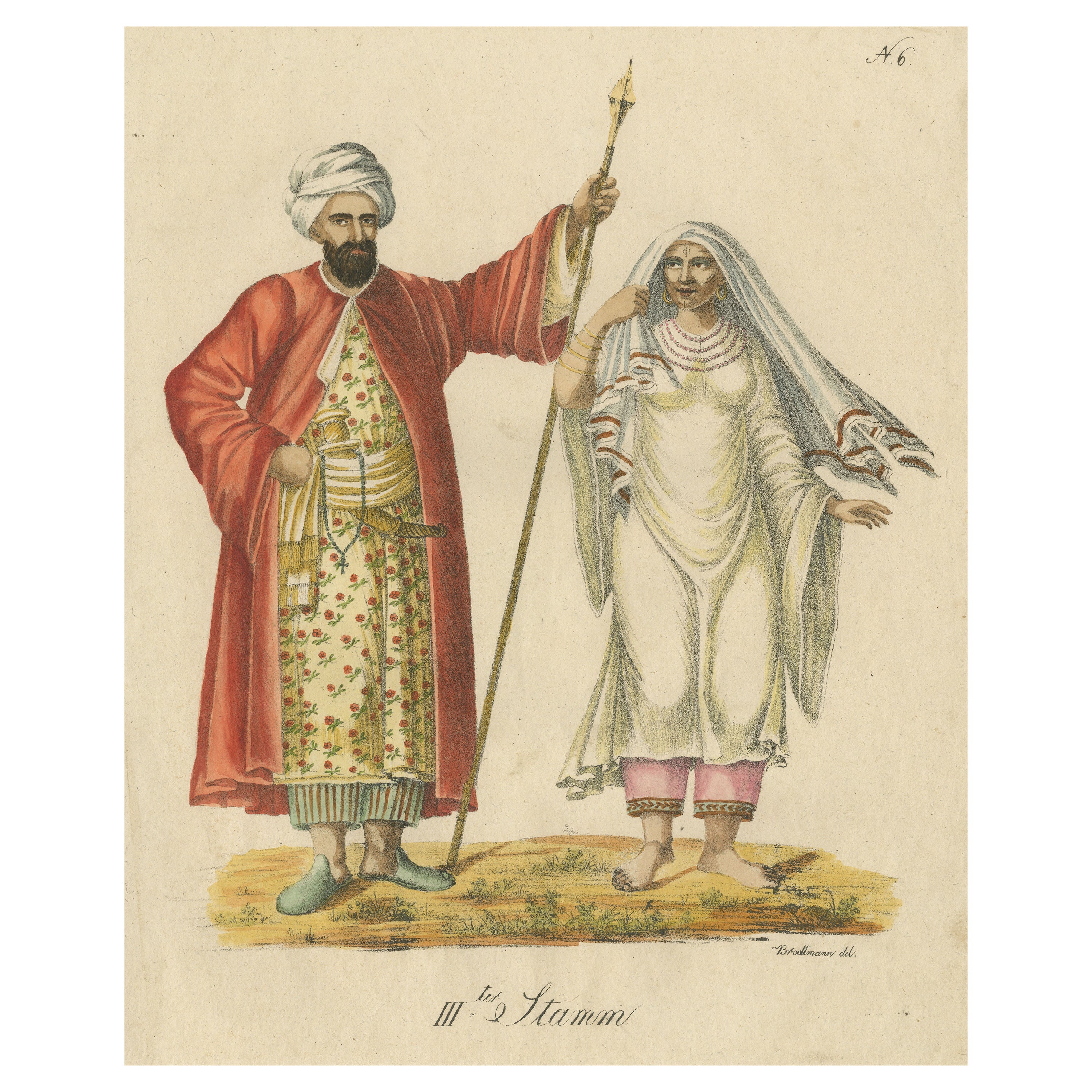 Gravure ancienne représentant un homme et une femme arabes