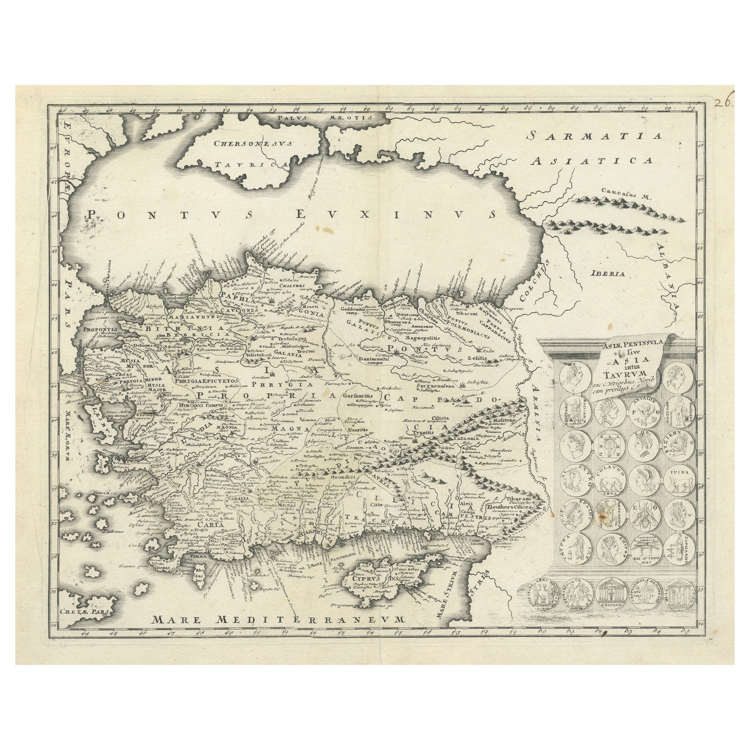 Carte ancienne de Cyprus et d'Asie mineure avec médaillons et Vignettes