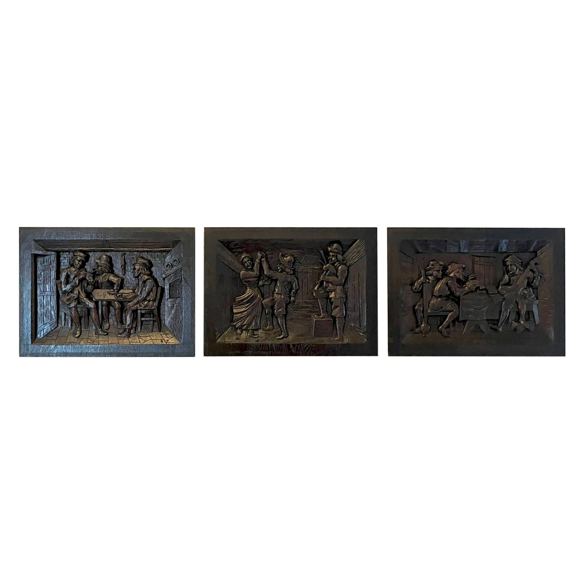 Outstanding Quality Set of 3 Antique Victorian Carved Oak Panels  For Sale