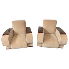Vintage French Art Deco Club or Lounge Chair in Beige Suede Upholstery, a Pair 
