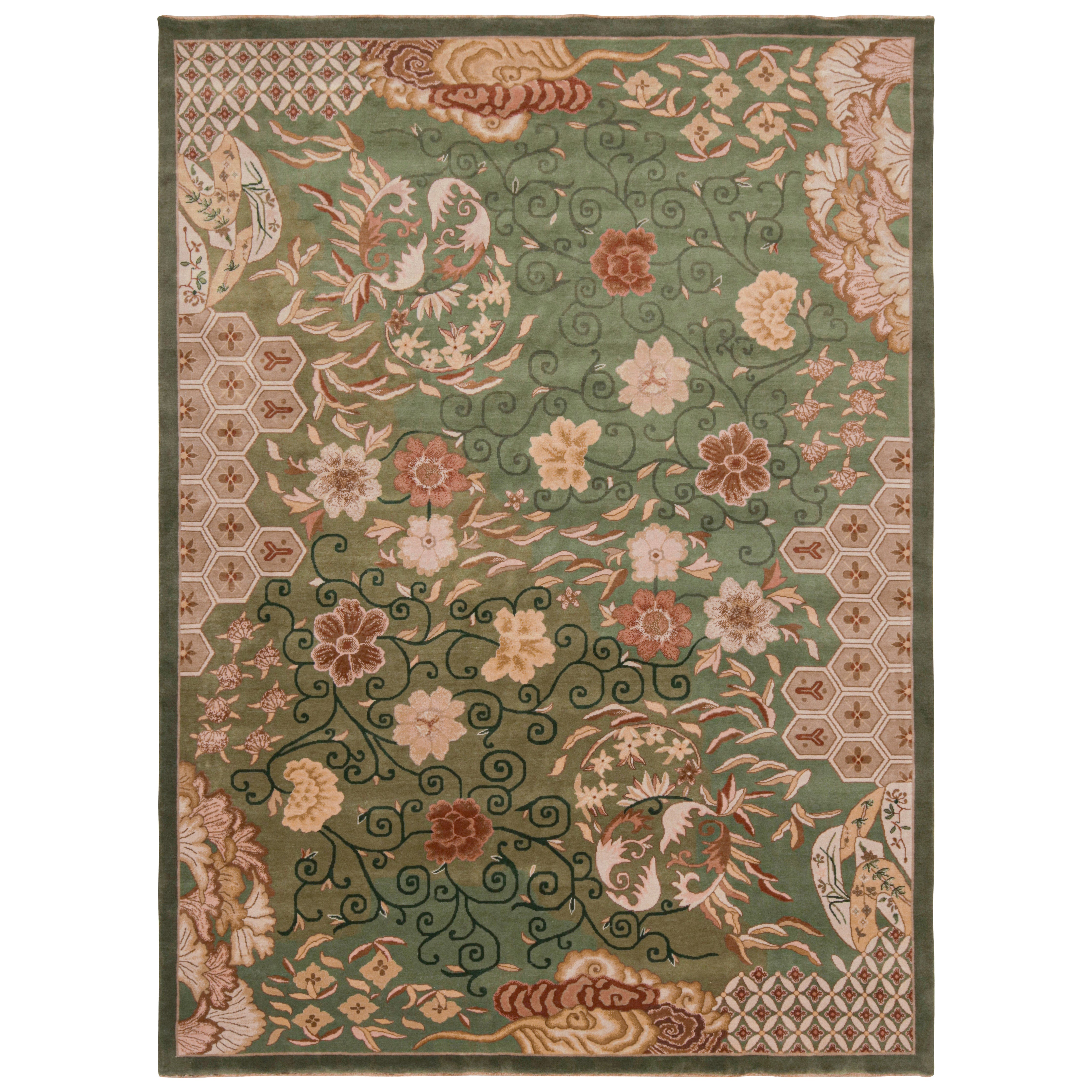 Rug & Kilim’s Chinese Art Deco Nichols Style Rug with Floral Patterns For Sale