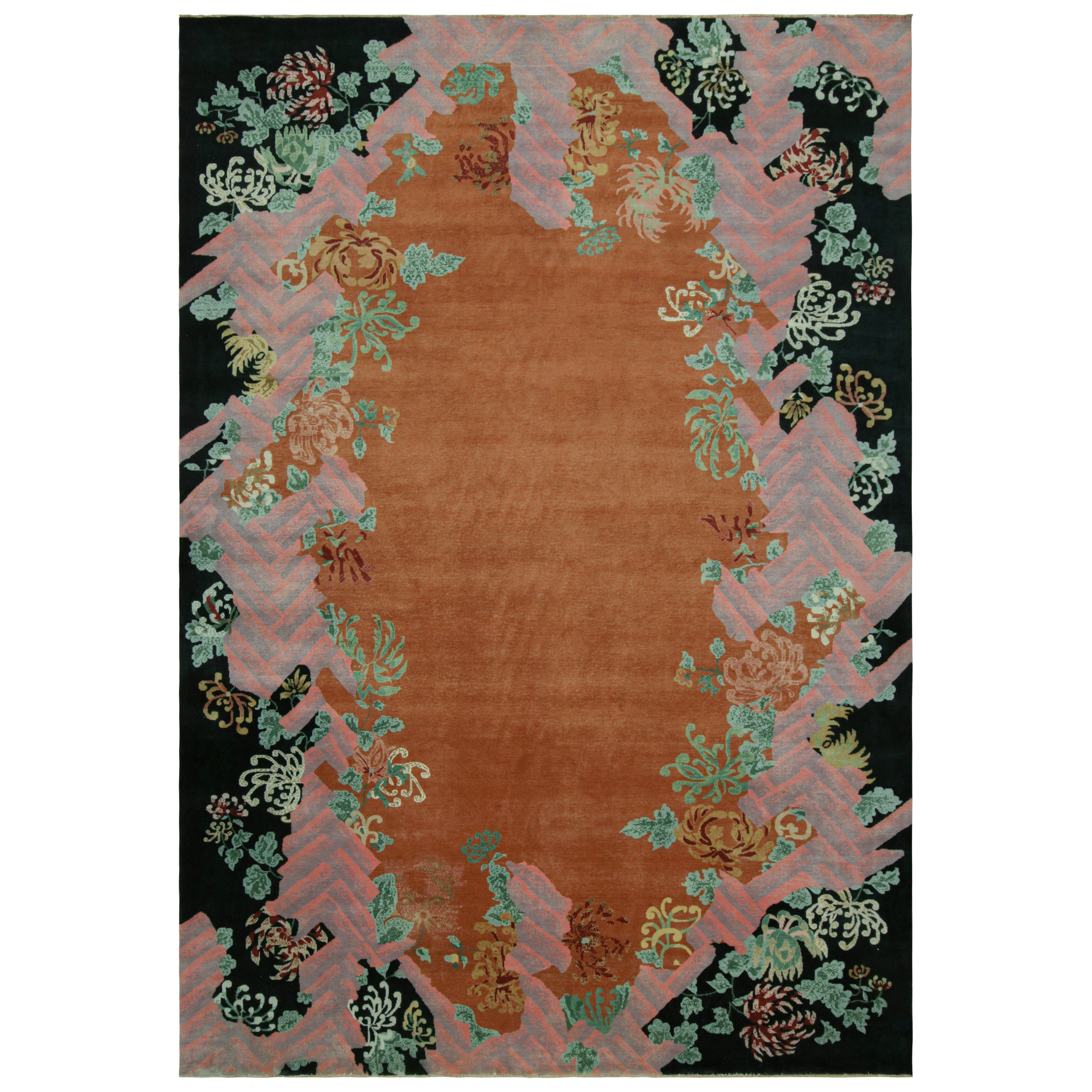 Rug & Kilim’s Chinese Art Deco Style Rug in Burnt Orange with Floral Patterns For Sale