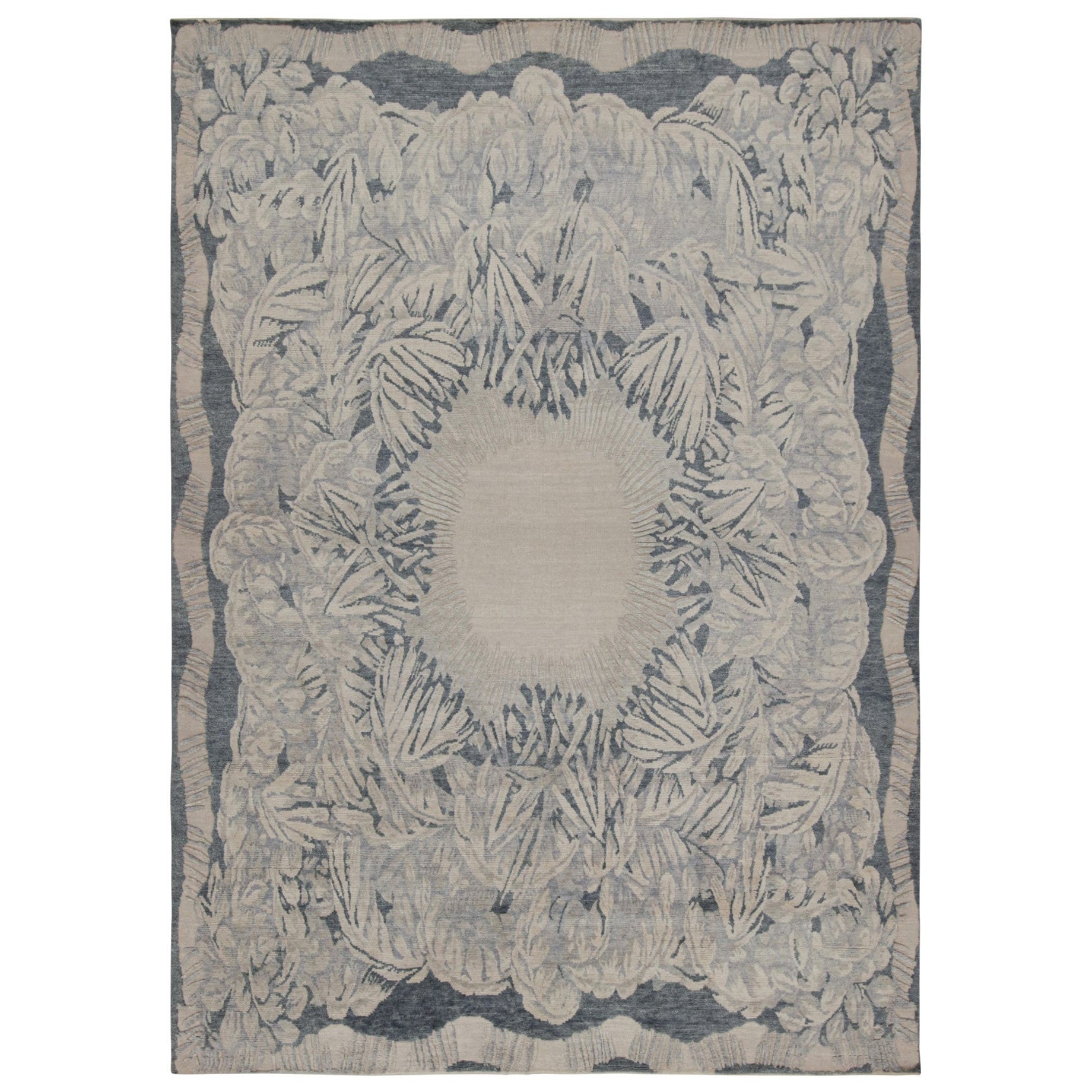 Rug & Kilim’s French Style Art Deco rug in Blue, Grey & Beige Floral Patterns For Sale