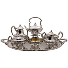 Antique Gorham Sterling Silver 1905 Royal Oak 7-Piece Tea&Coffee Set + Tray Art Nouveau