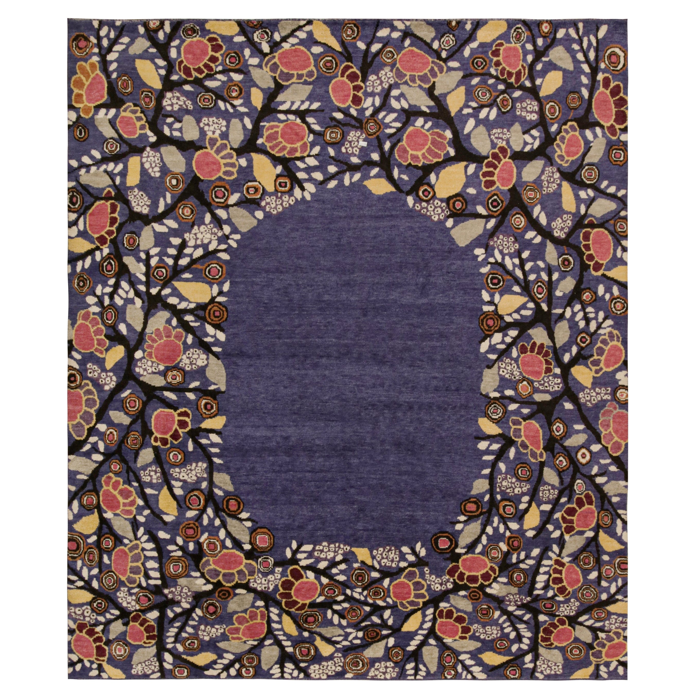 Rug & Kilim’s French Style Art Deco rug in Blue with Floral Patterns Open Field For Sale