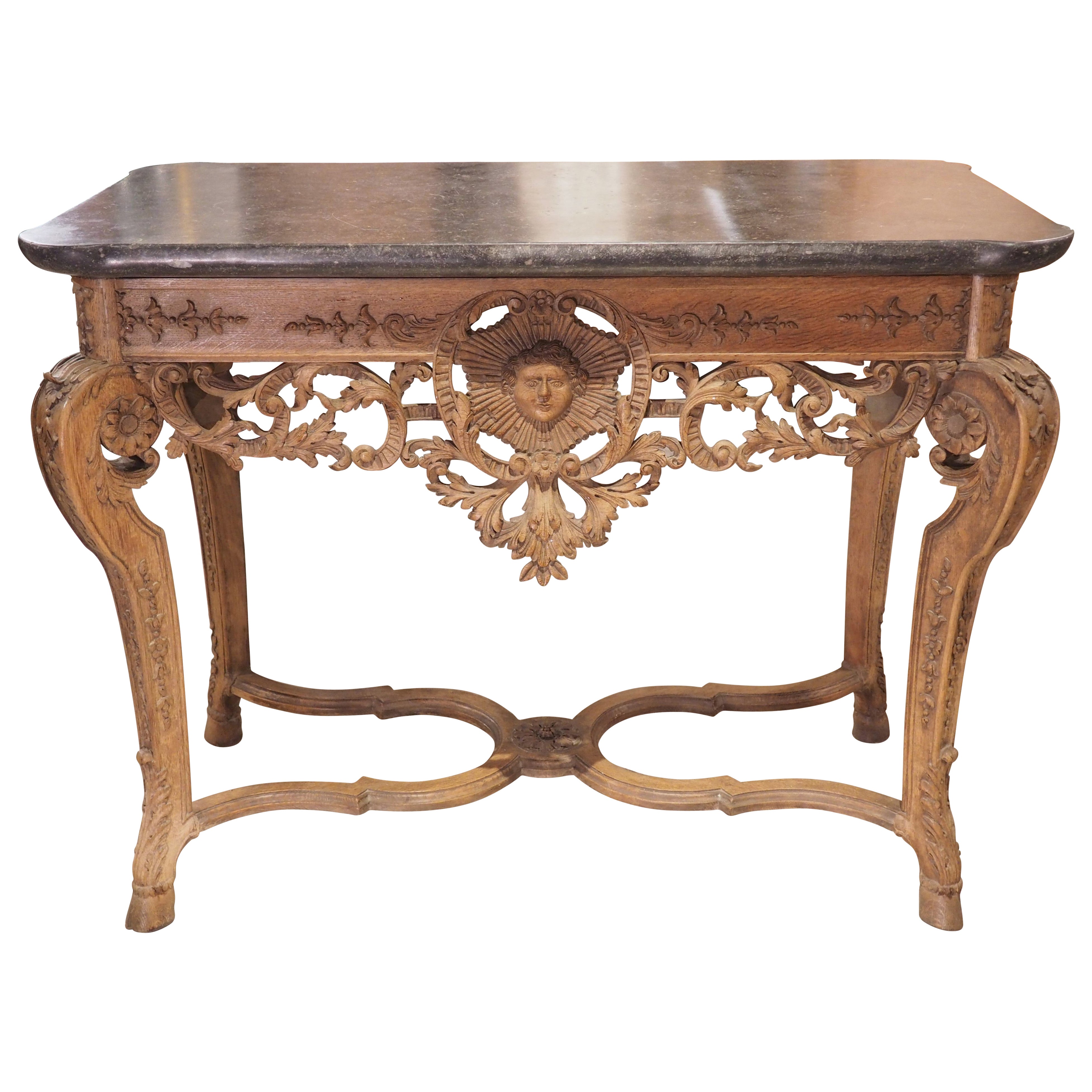 Antique Carved Oak and Bluestone Regence Style Console from Flanders, Circa 1850 For Sale