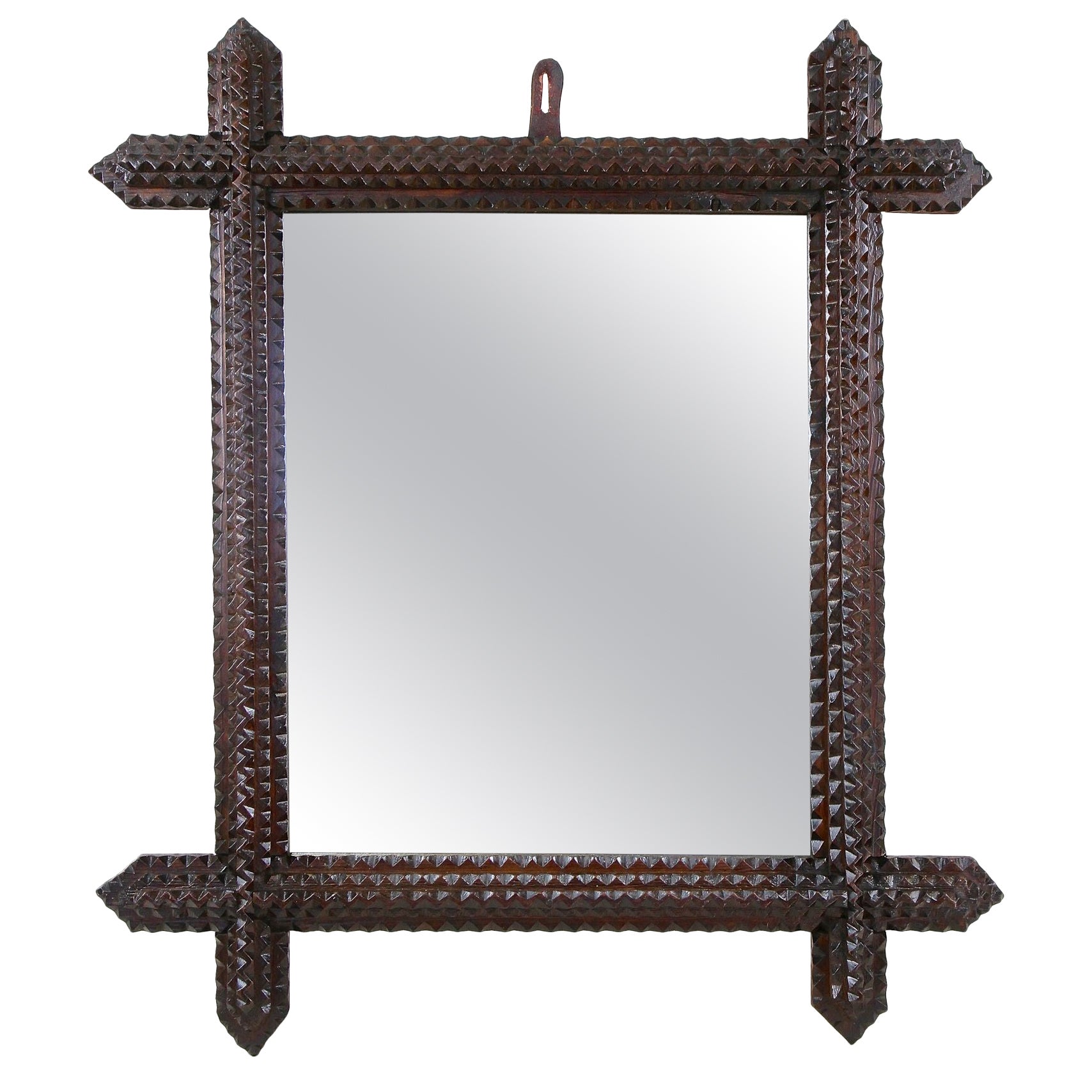 19th Century Rustic Tramp Art Wall Mirror, Handcarved, Austria circa 1880