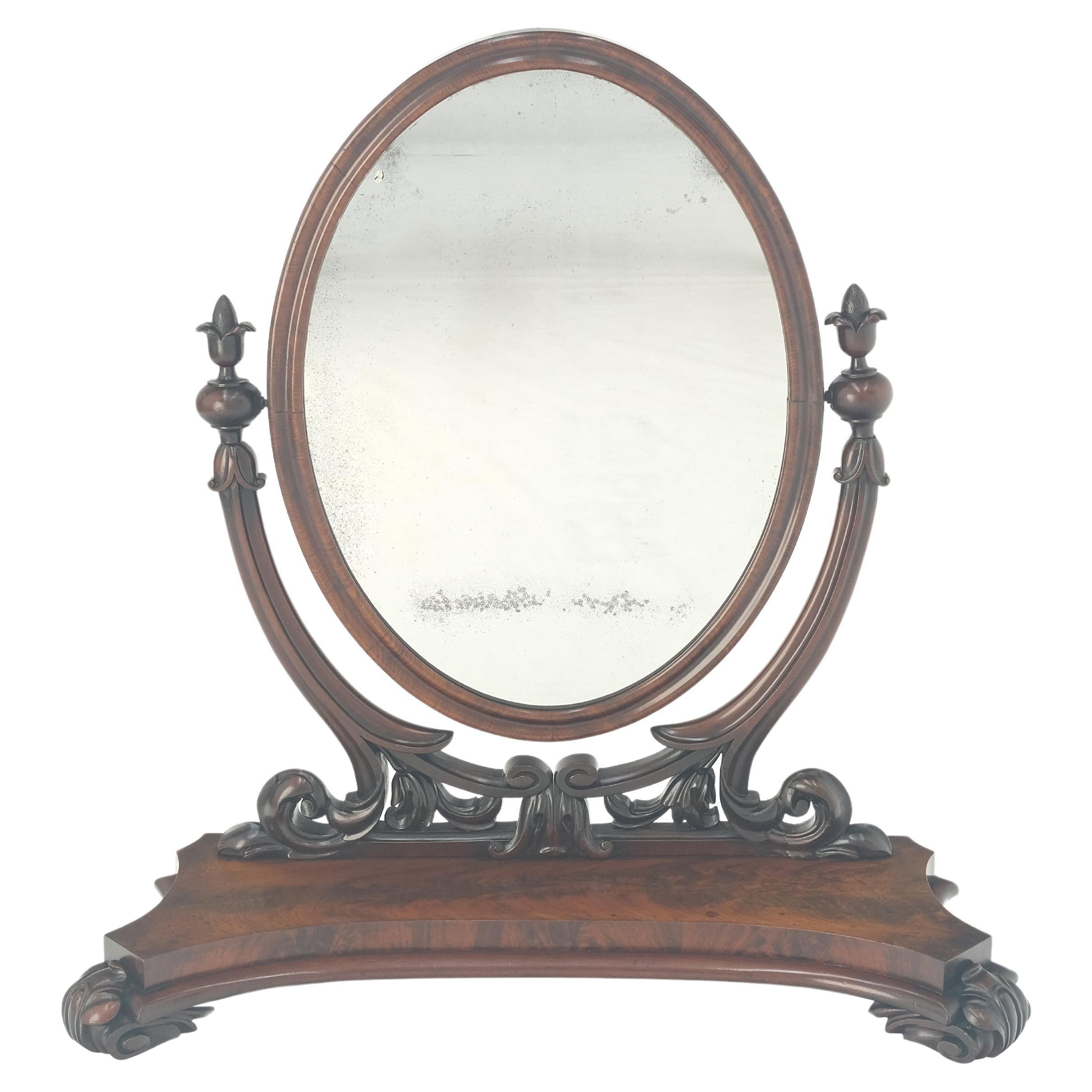 Very Fine Antique Carved Flame Mahogany Oval Swivel Shaving Mirror Acorn Finials For Sale