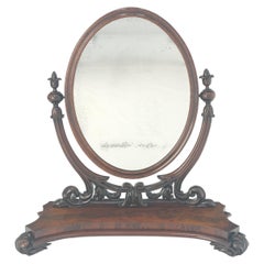 Very Fine Antique Carved Flame Mahogany Oval Swivel Shaving Mirror Acorn Finials