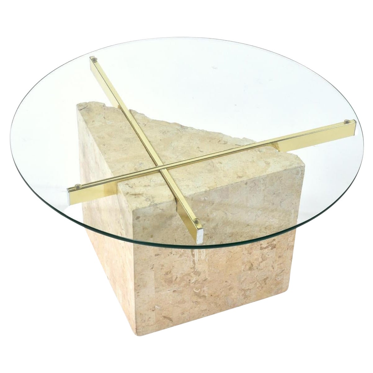 Post-Modern Round Tessellated Stone Side Table With Gold Brass Supports For Sale