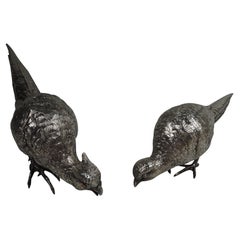 Coppia di uccelli da caccia fagiani in argento tedesco antico
