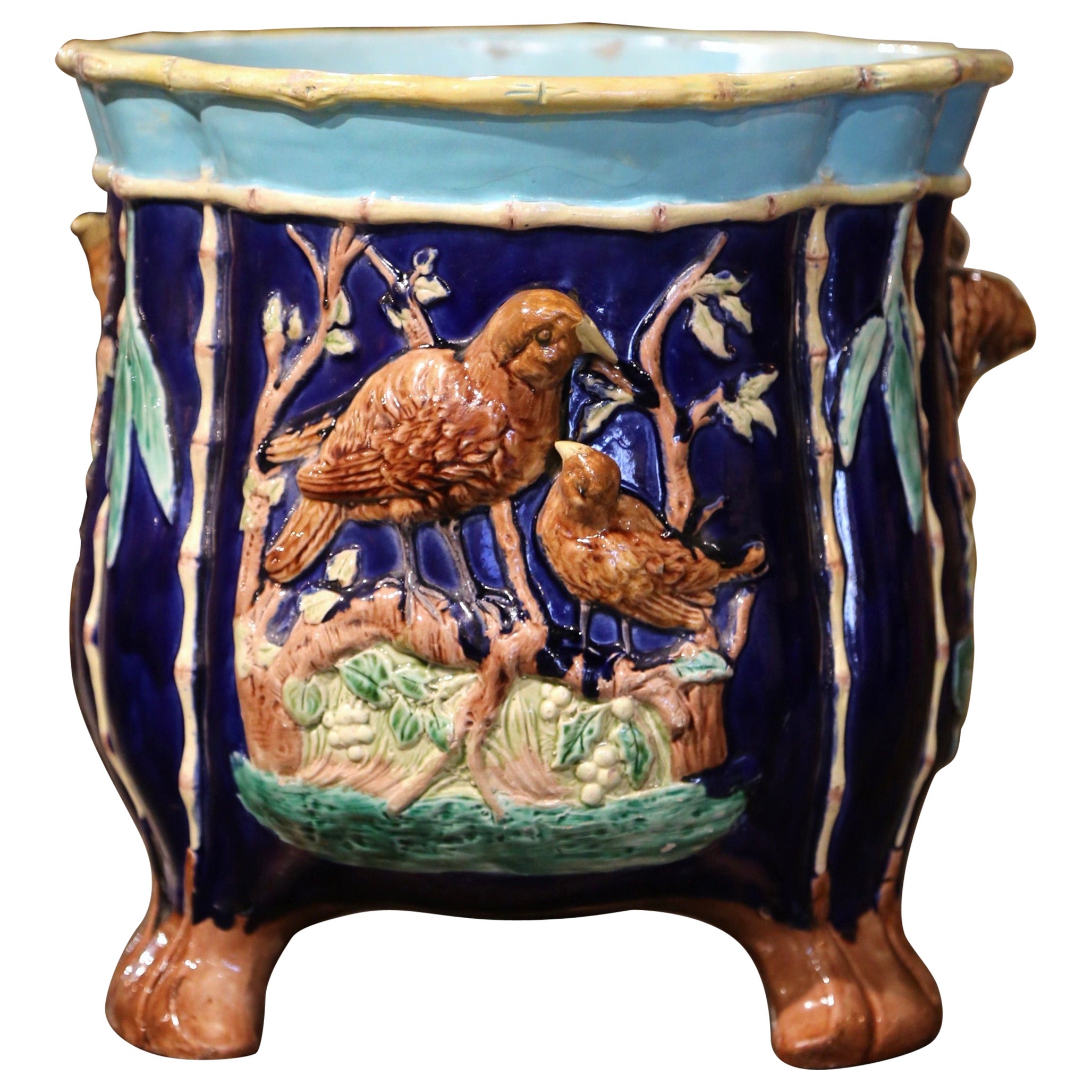 Mid-19th Century French Hand Painted Ceramic Barbotine Cache Pot with Bird Decor For Sale