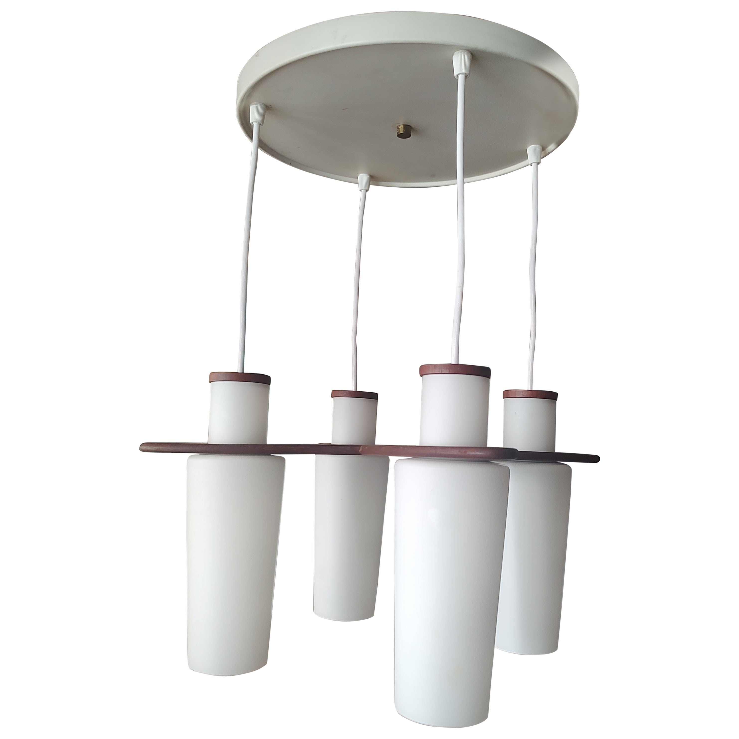 Mid Century Danish 4 Light Chandelier with Milk Glass Shades In Good Condition For Sale In Port Jervis, NY