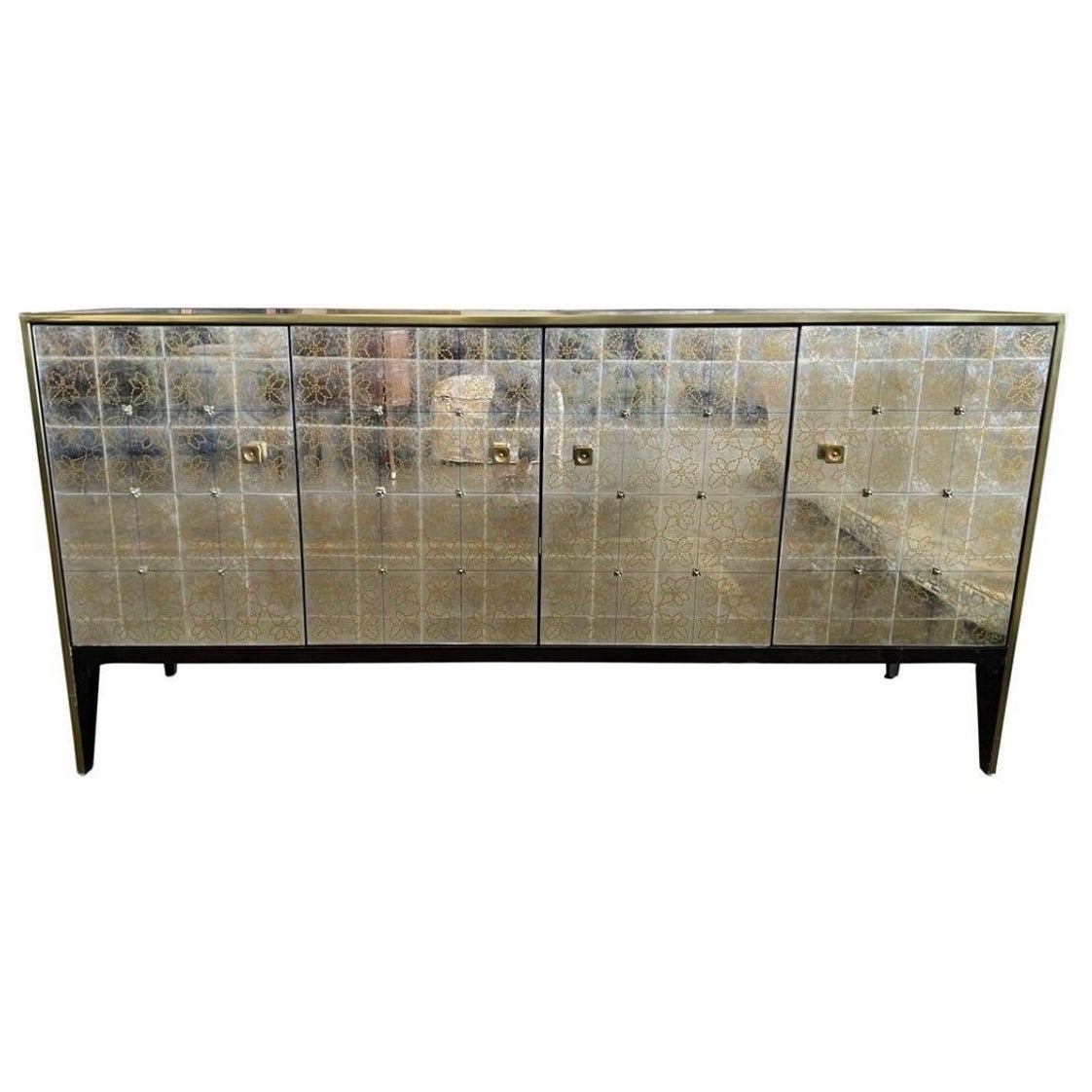 Silver Eglomise Mirrored Credenza Sideboard Entertainment Cabinet