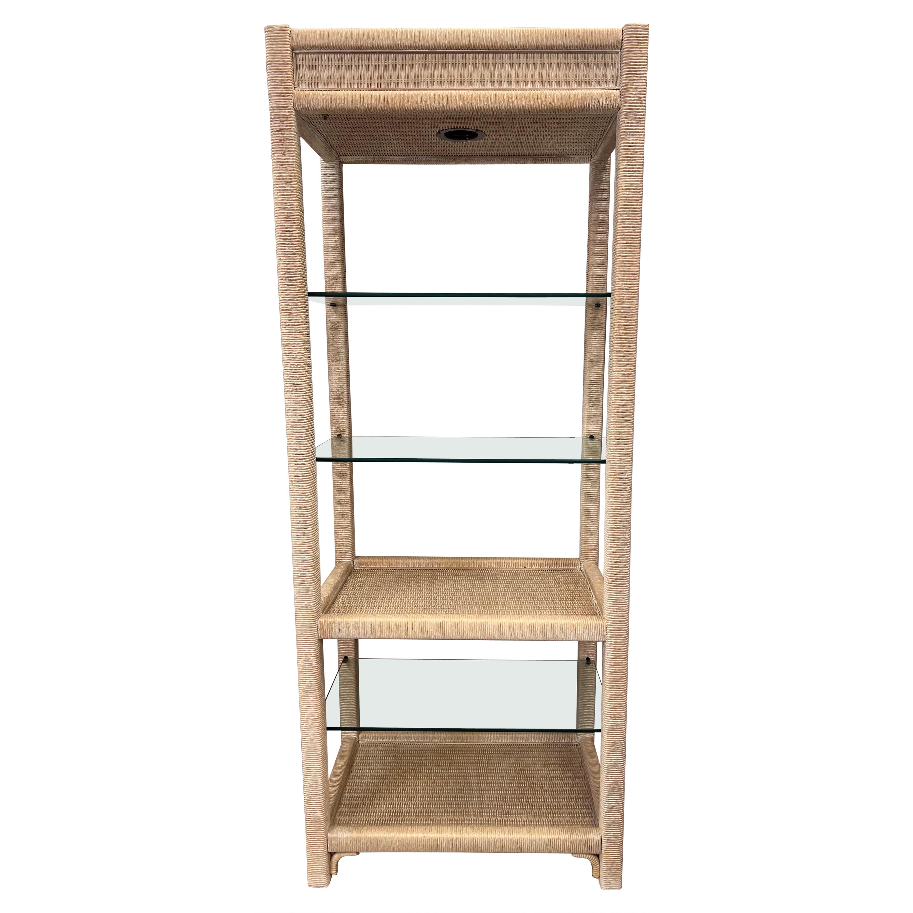 Henry Link Wicker and Glass Illuminated Bookshelves Etagere Etegere For Sale