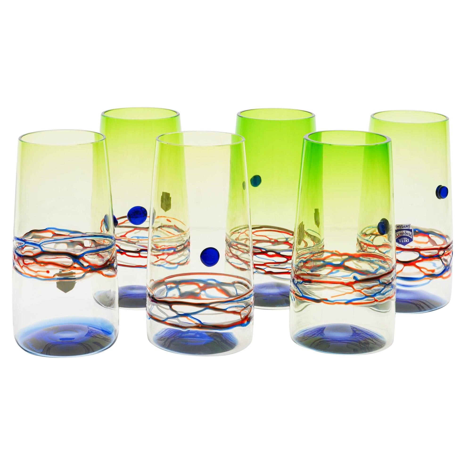 Unique Set of 6 Murano Tumblers, Cenedese Murano 1960, Young Collection, Signed For Sale