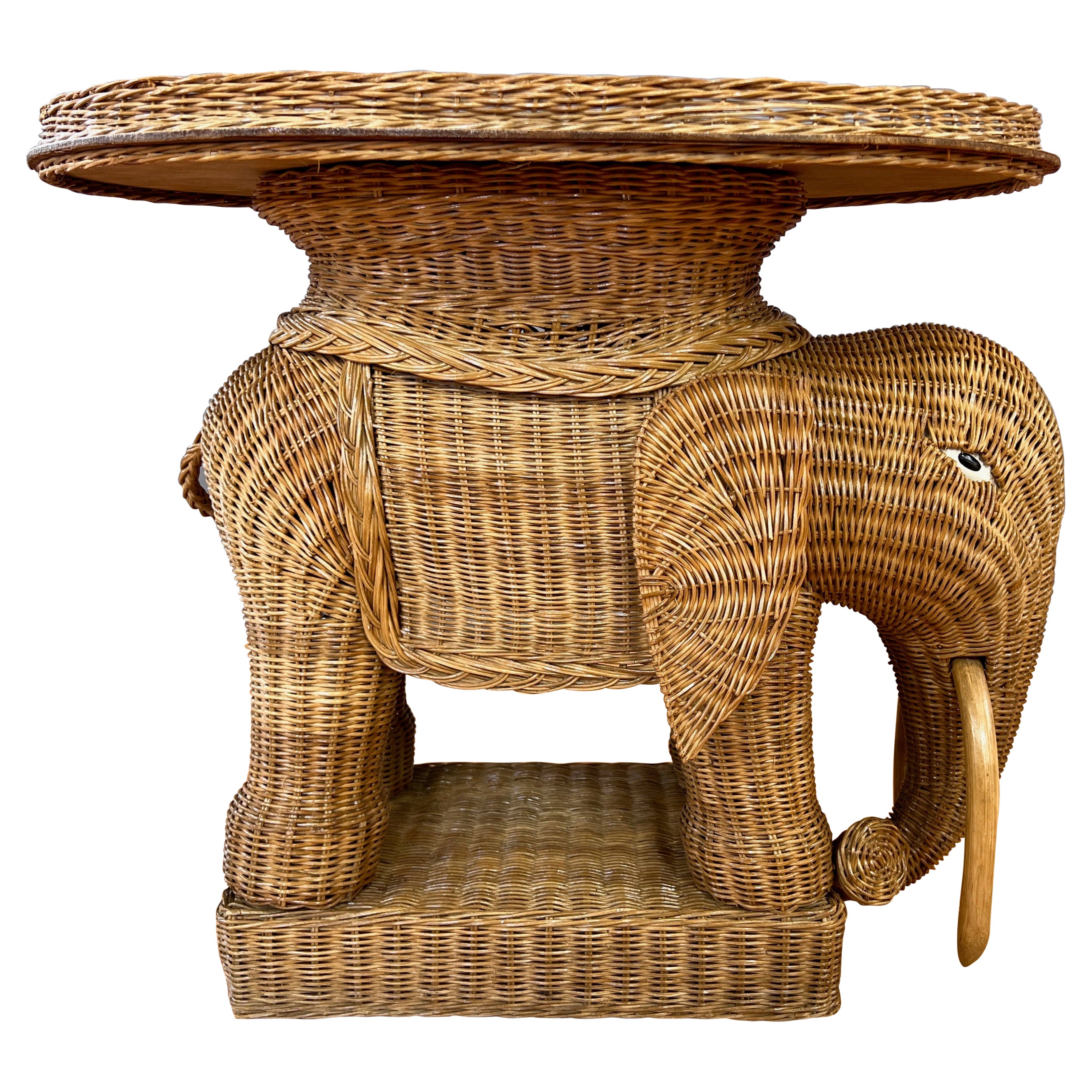 Vintage Boho Chic Natural Wicker & Rattan Elephant Side Table with Tray, 1970s
