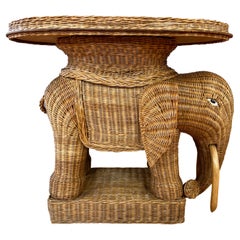 Retro Boho Chic Natural Wicker & Rattan Elephant Side Table with Tray, 1970s