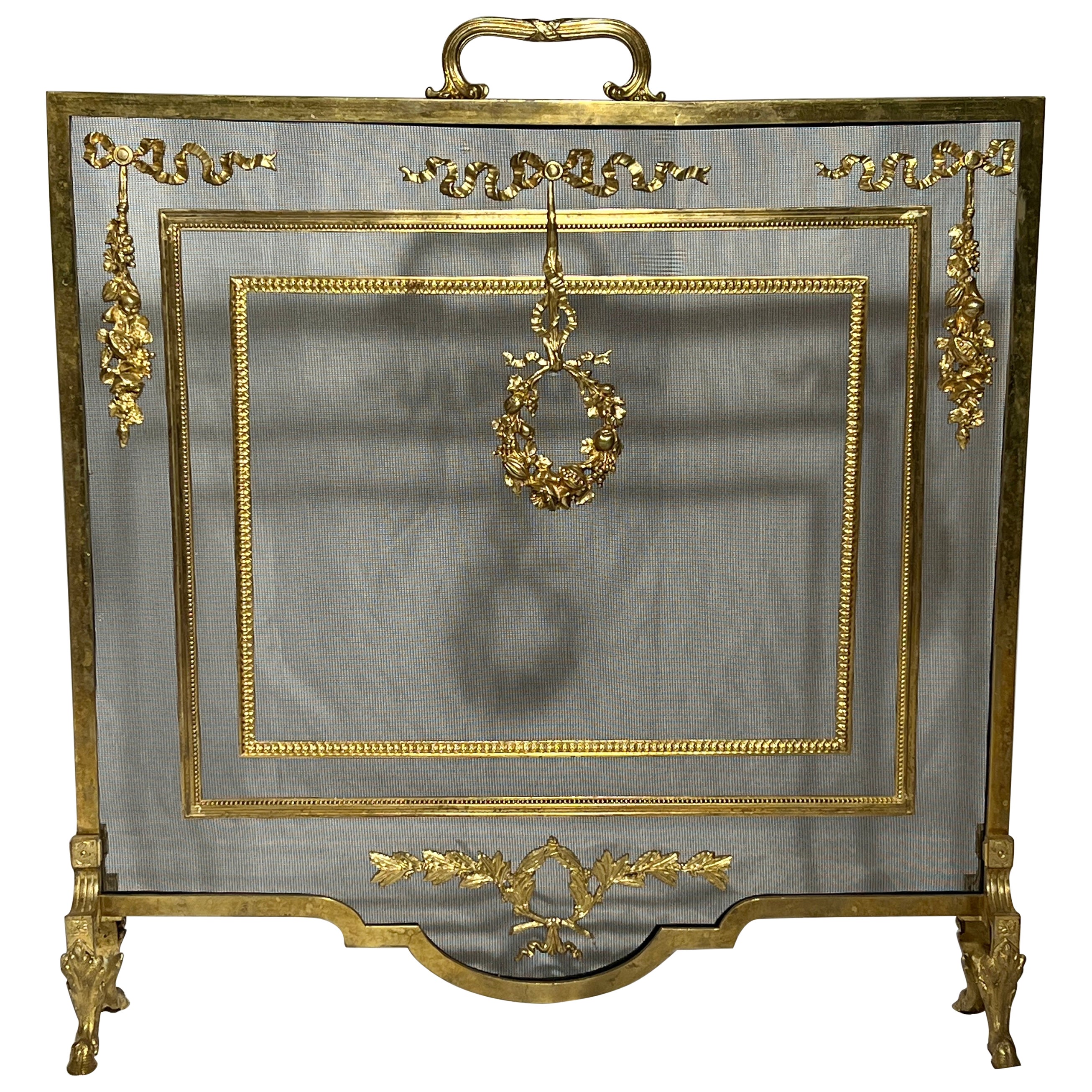 Antique French Louis XVI Bronze D'ore Fire Screen, Circa 1875-1885. For Sale