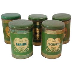 Vintage Set of Five French Kitchen Storage Tins