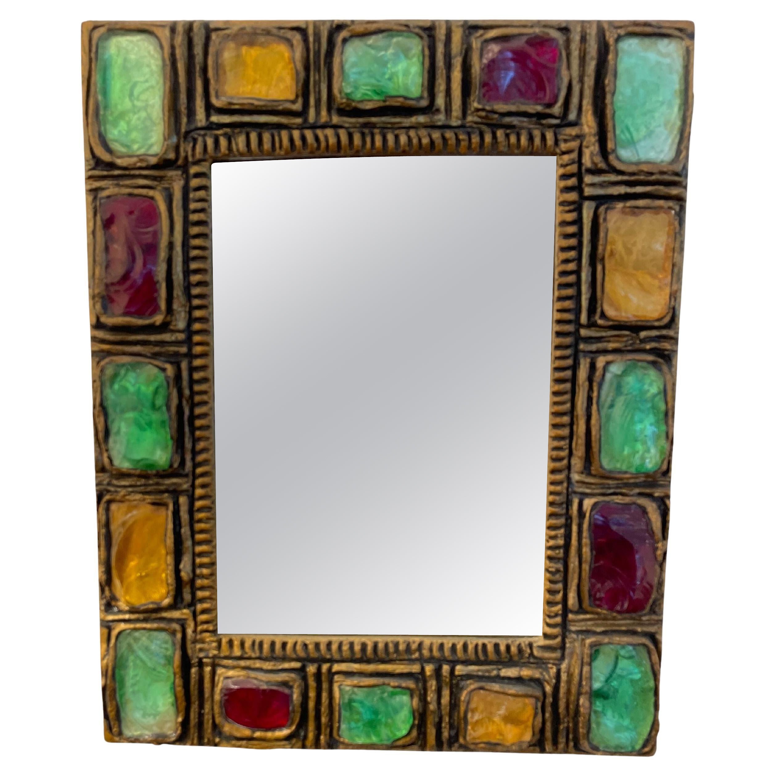 French 1970's Resin and Colored Glass Cabouchon Mirror For Sale