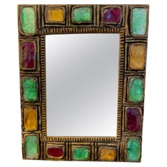 Retro French 1970's Resin and Colored Glass Cabouchon Mirror