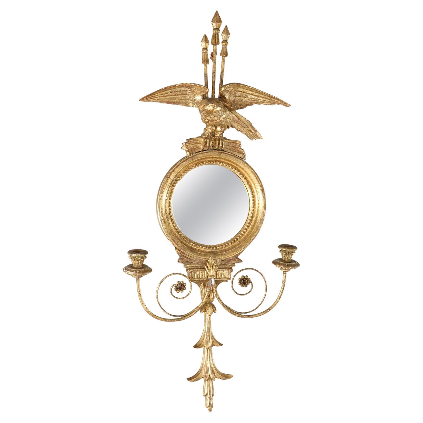 Antique Classical Italian Giltwood Figural Bullseye Wall Mirror with Eagle 1920