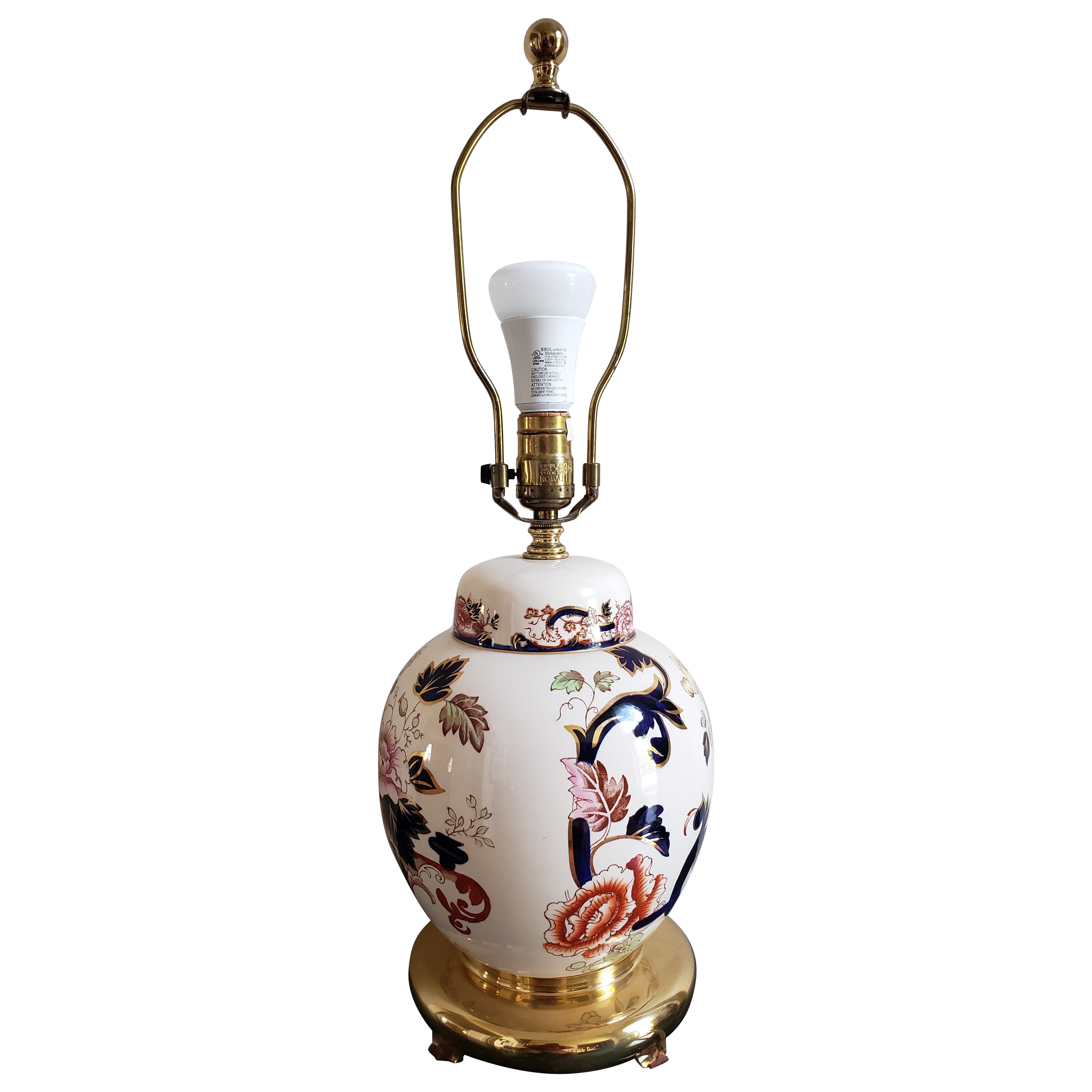 Lampe de table vintage en porcelaine et laiton à jarre florale