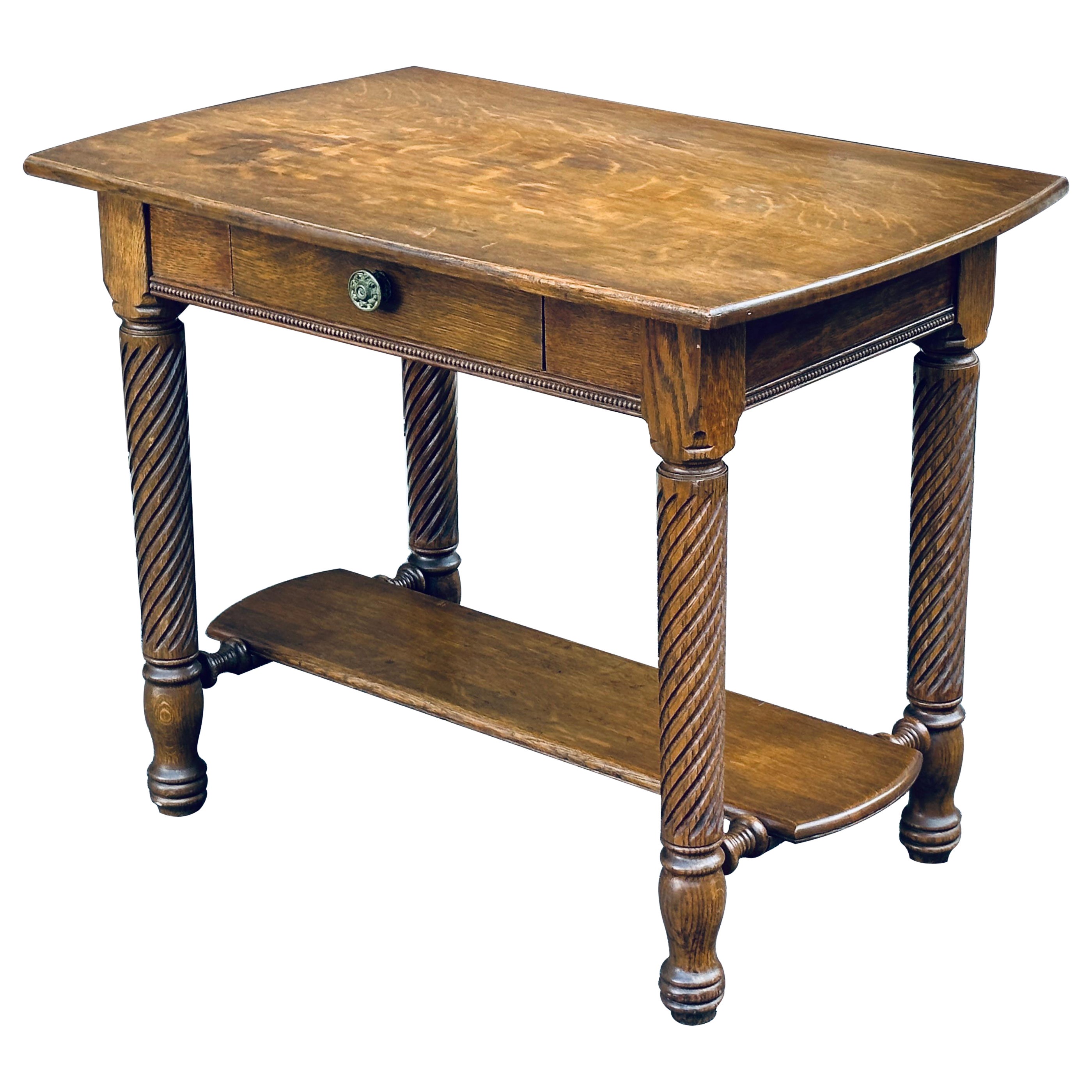 Antique Quartersawn Solid Oak Library Table With Twist Legs & Drawer For Sale