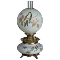 Antique Victorian Gone With The Wind Hand Painted Parlour Lamp with Bird, c1890