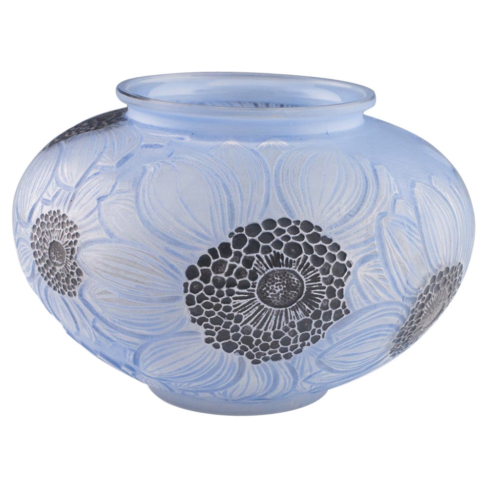 Rene Lalique Frosted and Polished Blue Stained Dahlias Vase Designed 1923 -Marci
