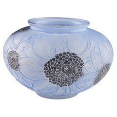 Rene Lalique Frosted and Polished Blue Stained Dahlias Vase Designed 1923 -Marci