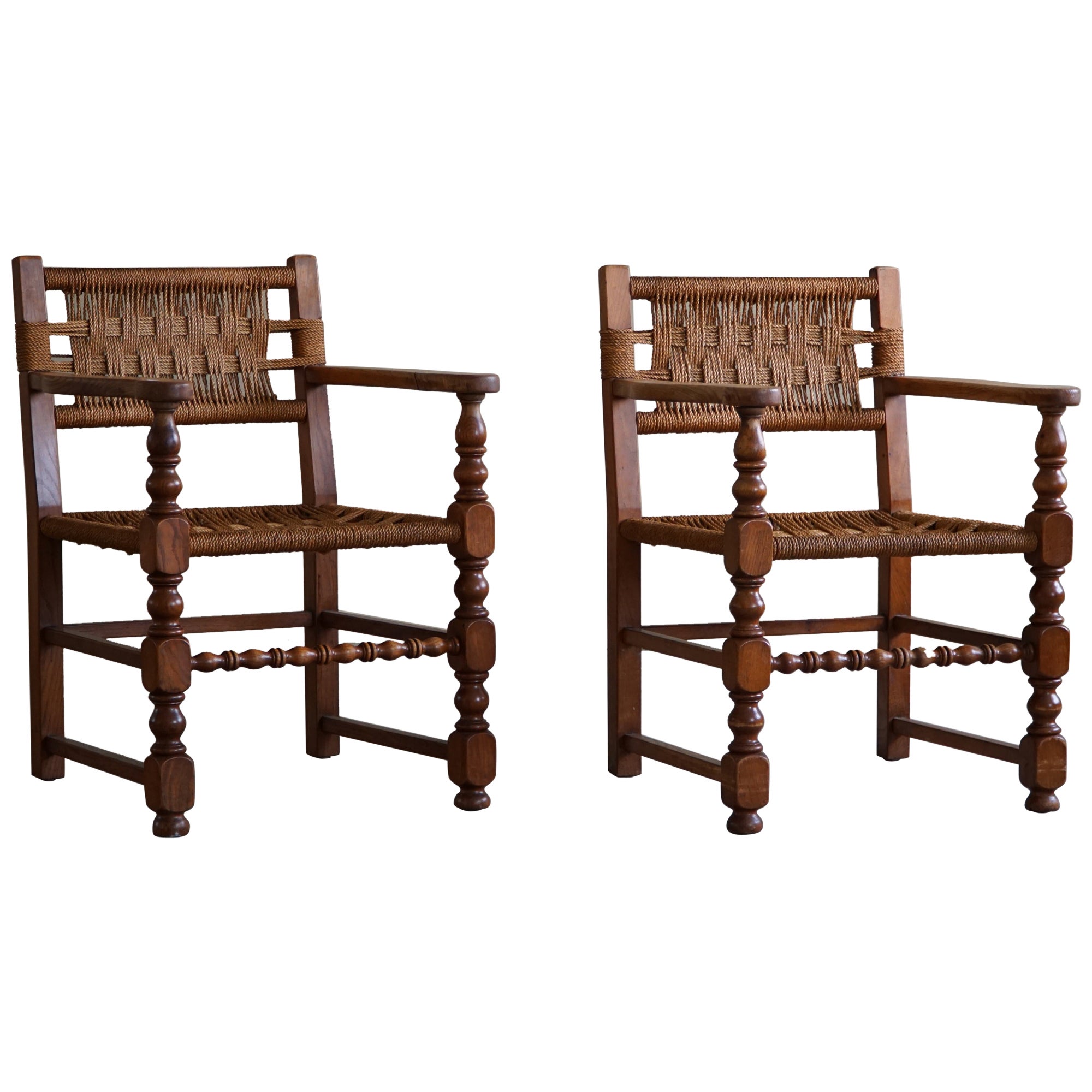 Pair of Sculptural Vintage Armchair in Oak & Papercord, Charles Dudouyt, 1940s For Sale