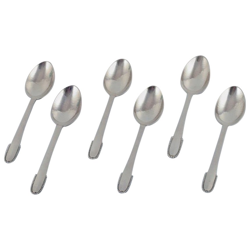 Georg Jensen Beaded. Set of six large dinner spoons in sterling silver. For Sale