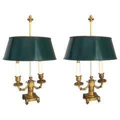 Pair of French Empire Gilt Bronze Two-Arm Bouillotte Lamps or Table Lamps, 1815