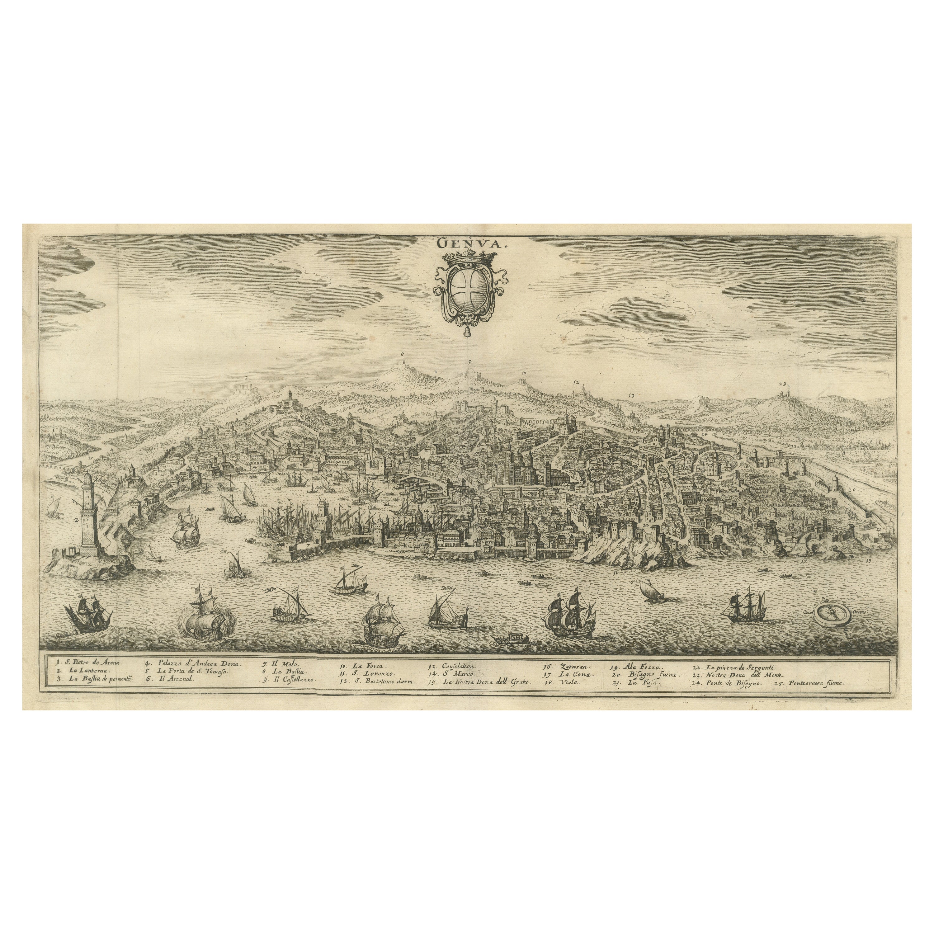Original Antique Bird's-Eye View of the City of Genoa For Sale