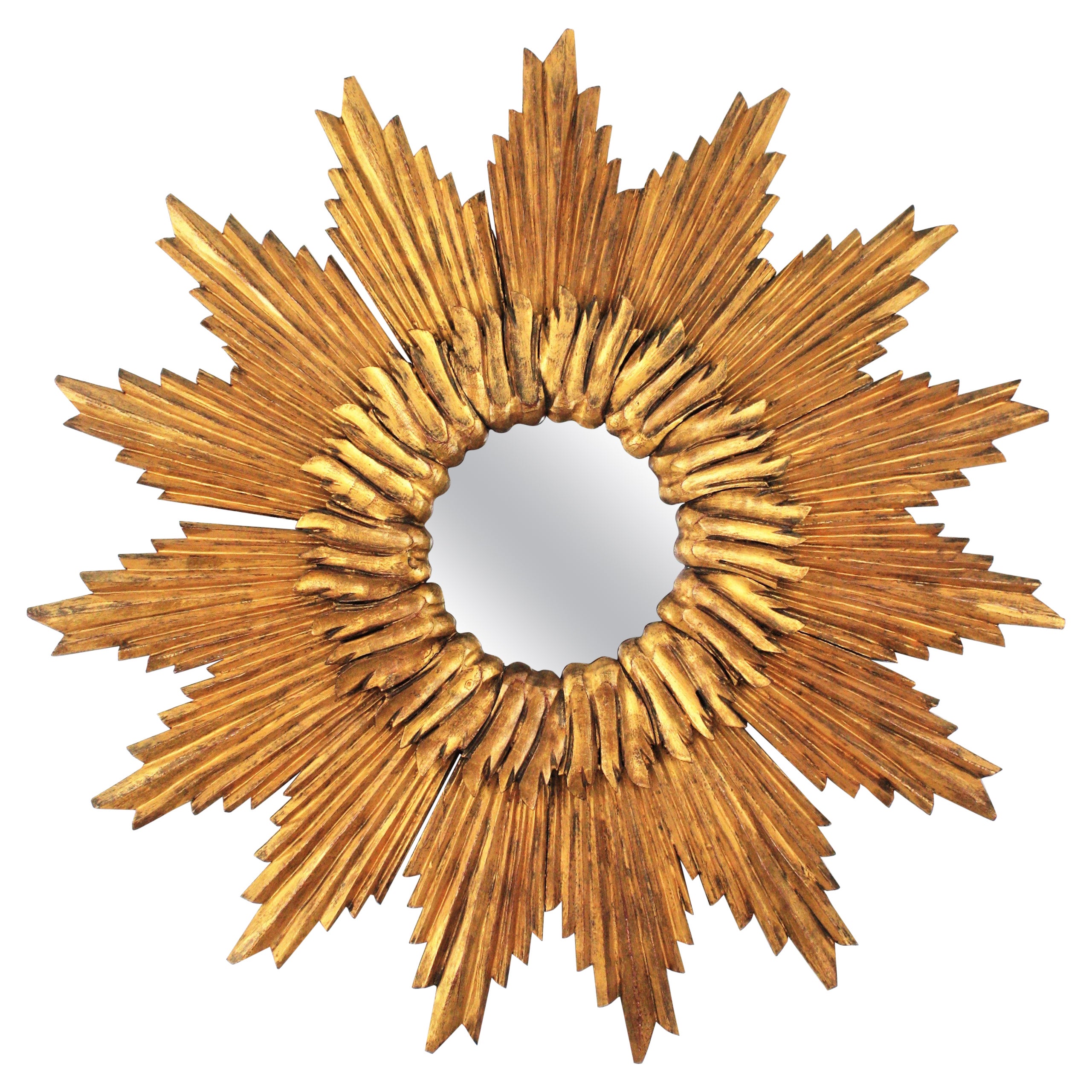 Grand miroir convexe Sunburst en bois doré, années 1960