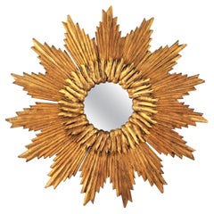 Vintage Large French Sunburst Starburst Convex Mirror in Giltwood, 1960s