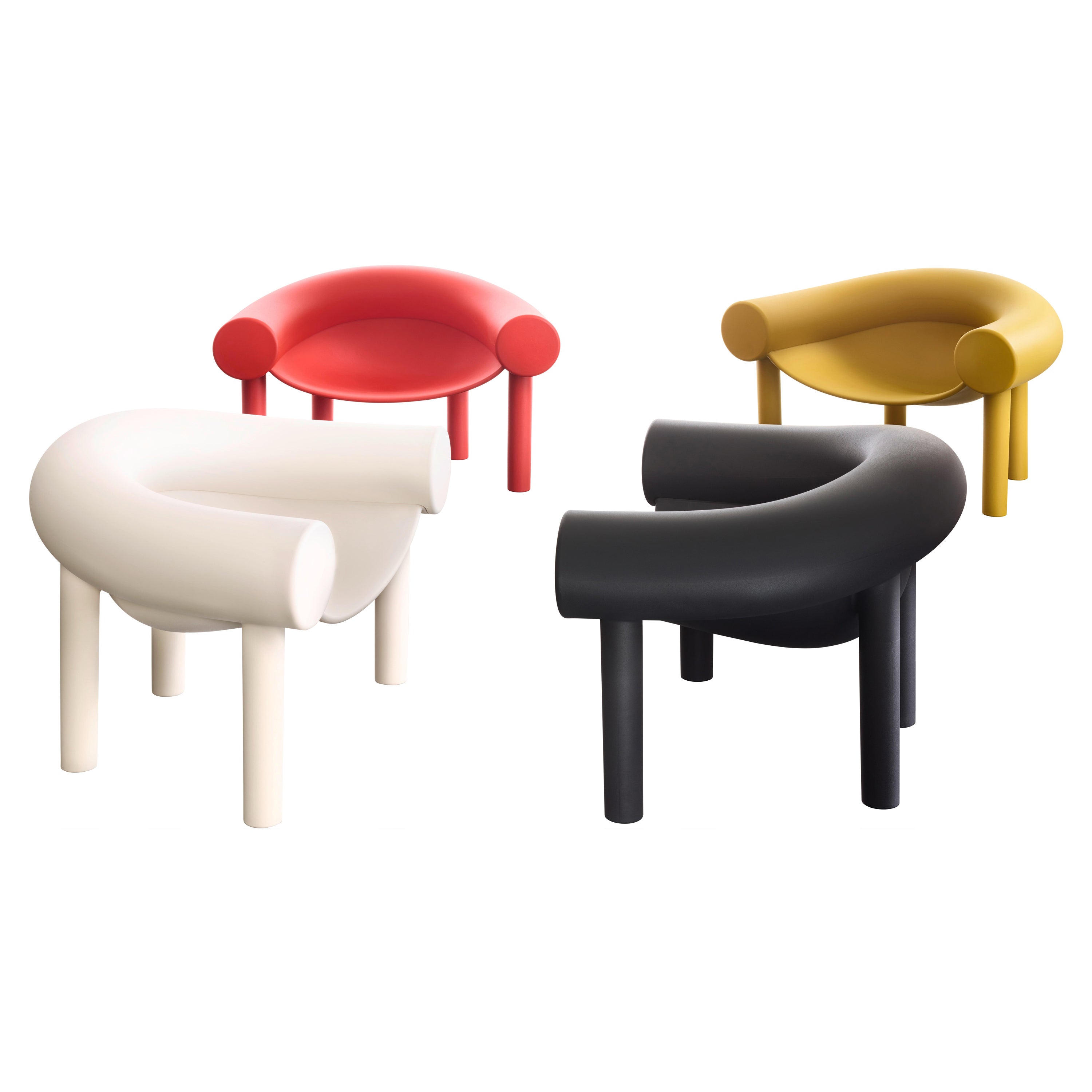 Sam Son is an easy armchair with a hint of a cartoon character. Supported on four stilt legs, the armchair features a softly suspended seat shell between a giant, horseshoe-shaped element, the chair’s characteristic armrest and backrest.
Made from