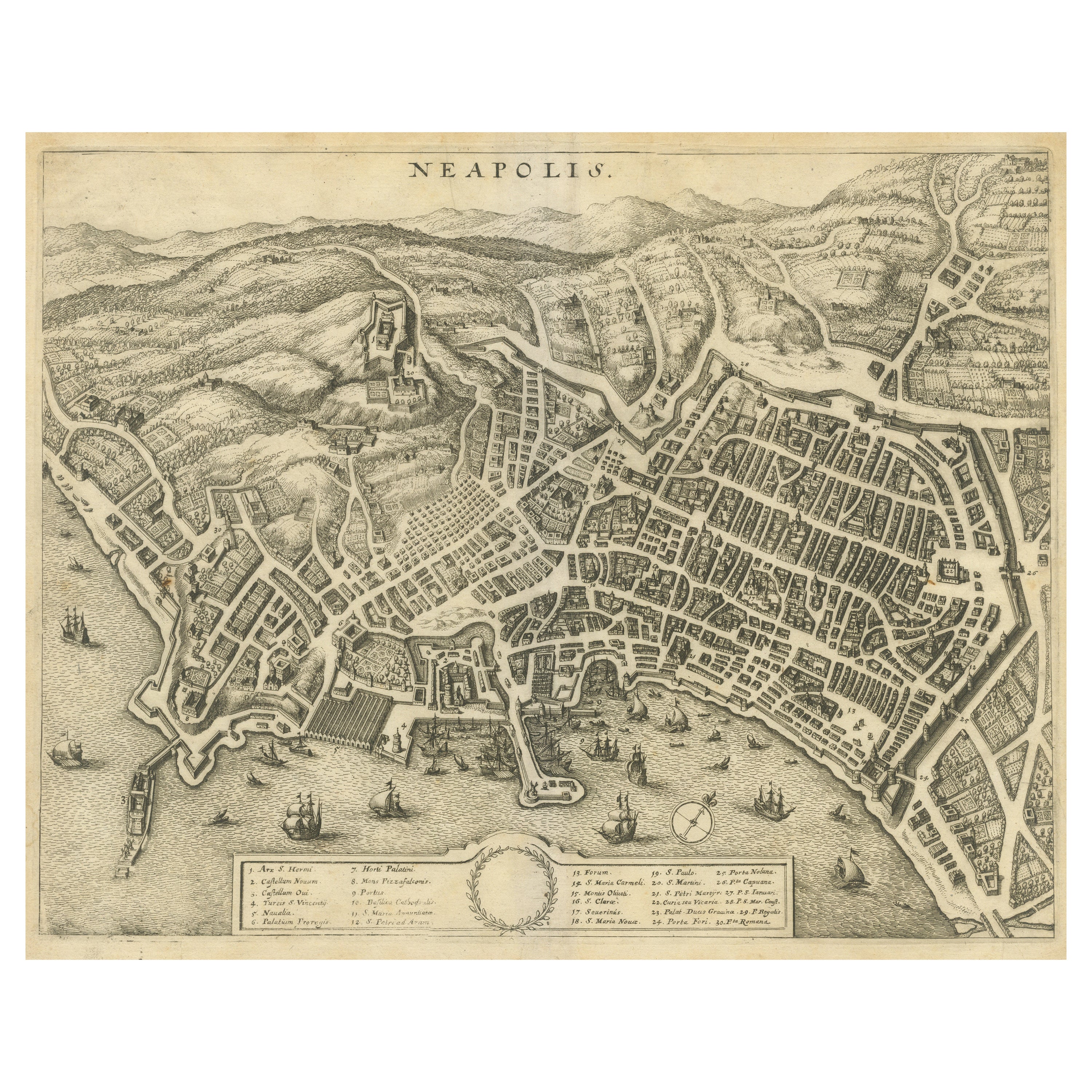 Antique Bird's-Eye View of the City of Naples in Italy