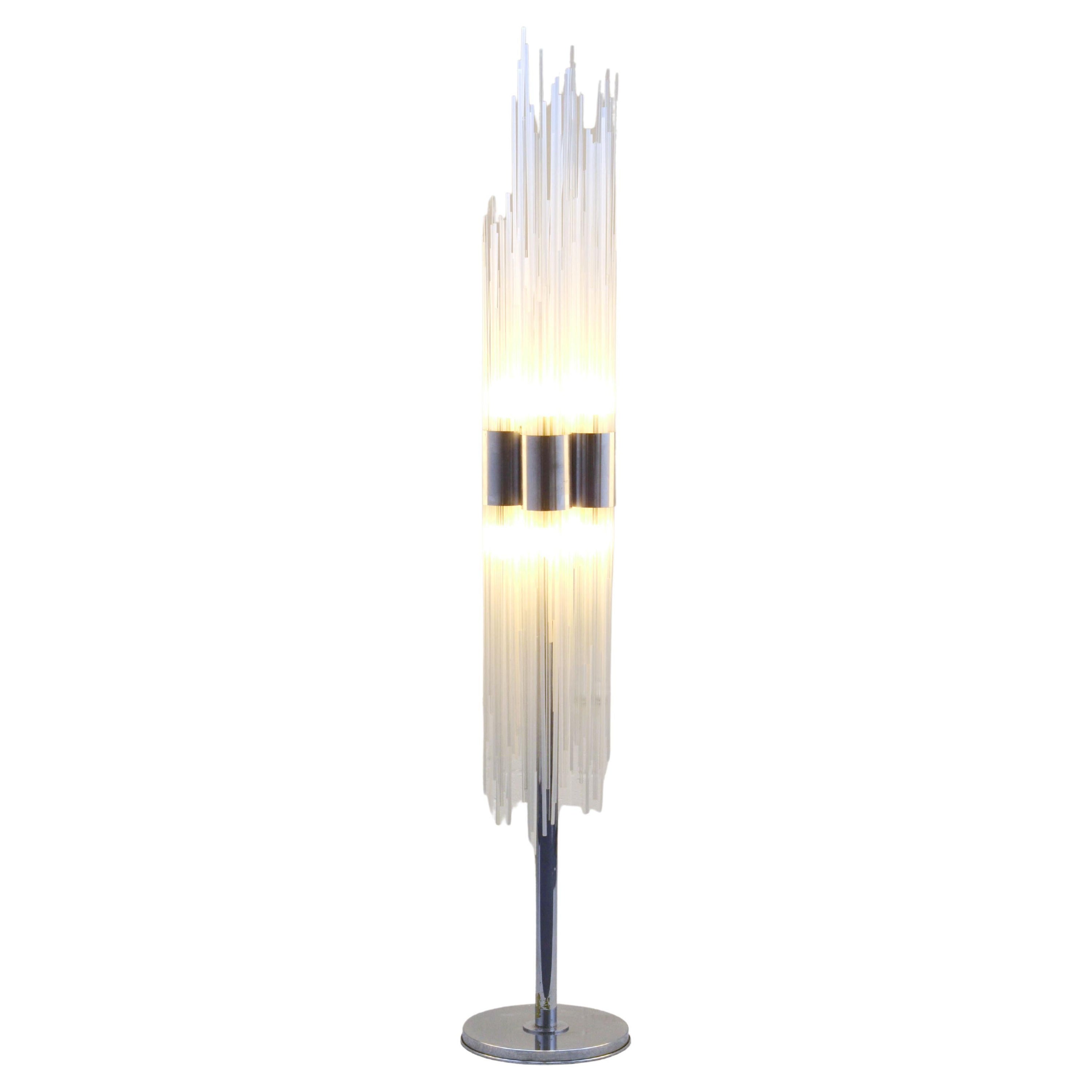 Sculptural Art Floor Lamp in Reed Glass Rods on Chrome Stand In Italy 1960's  For Sale